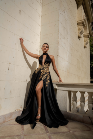 فستان سهرة أسود وذهبي