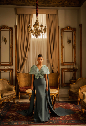 فستان سهرة أخضر رمادي